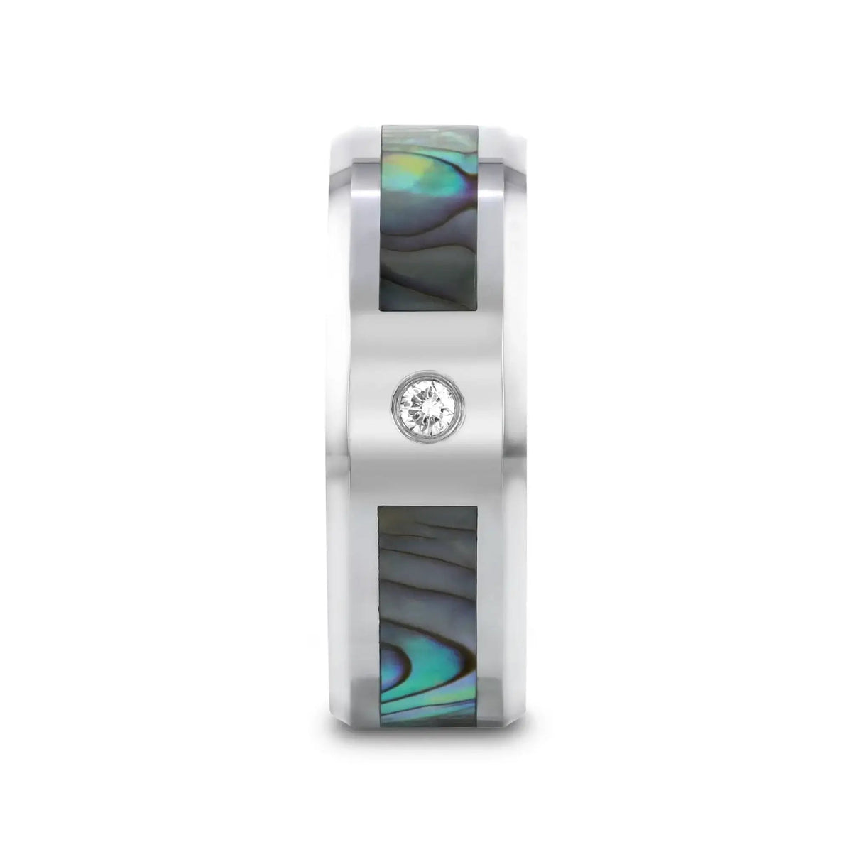 HONOLULU Mother of Pearl Inlay Tungsten Carbide Ring with Beveled Edges and White Diamond - 8mm