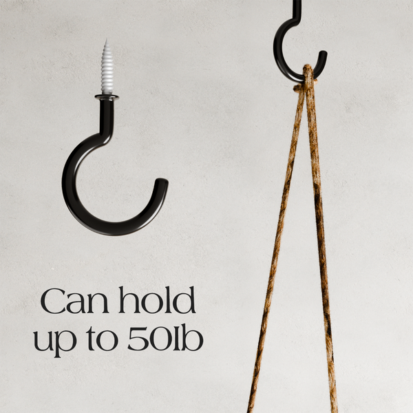 Black metal hook with a white screw on a light gray background, accompanied by text indicating weight capacity.