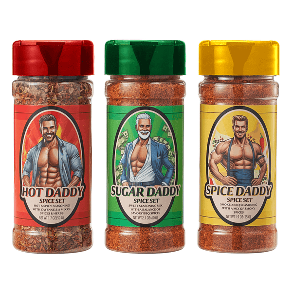 Three spice sets labeled 'Hot Daddy', 'Sugar Daddy', and 'Spice Daddy' with colorful labels featuring illustrated men.