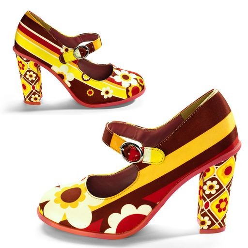 Colorful high-heeled shoes with floral pattern on a white background