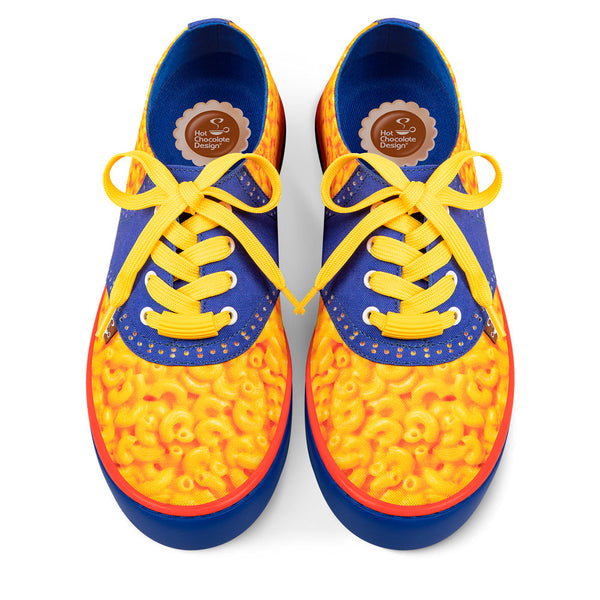 Hot Chocolate Design Shoes with a design resembling Macaroni and Cheese on a white background