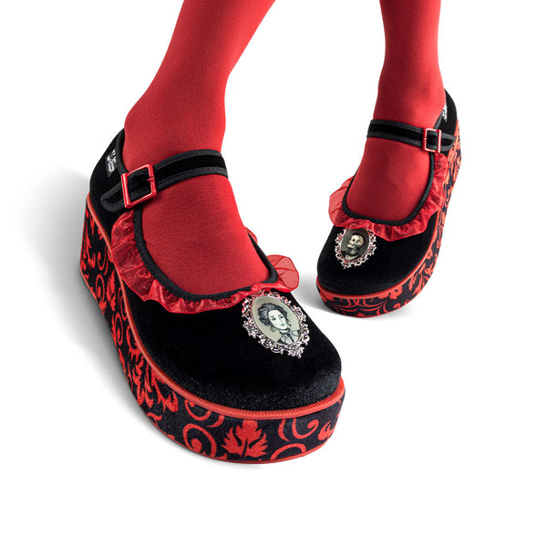 Hot Chocolate Design
Chocolaticas® Memento Mori Women's Mary Jane Platform - Red and black platform shoes with decorative elements on a white background