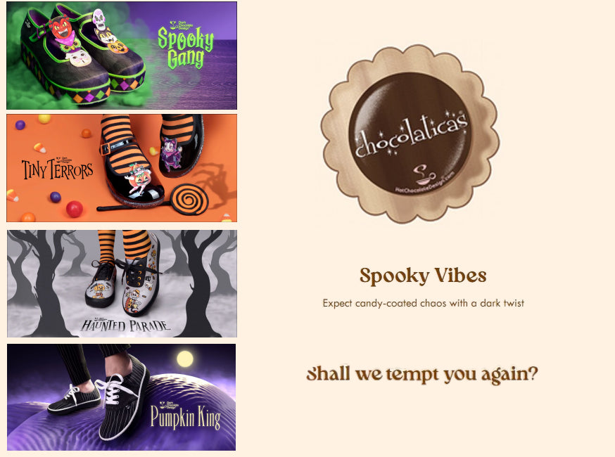 Promotional image for Halloween-themed shoes and chocolates with branding and text.