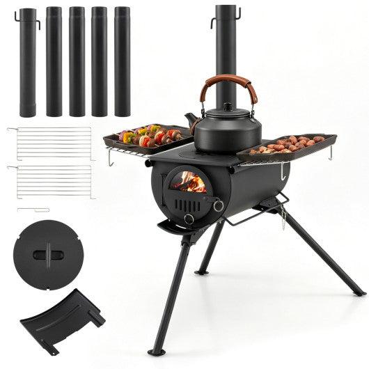 Hot Tent Stove with Chimney Pipes and Foldable Legs for Outdoor Heating-Black