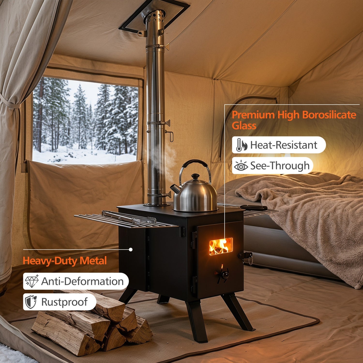Hot Tent Wood Burning Stove with 8 Chimney Pipes & Ash Tray
