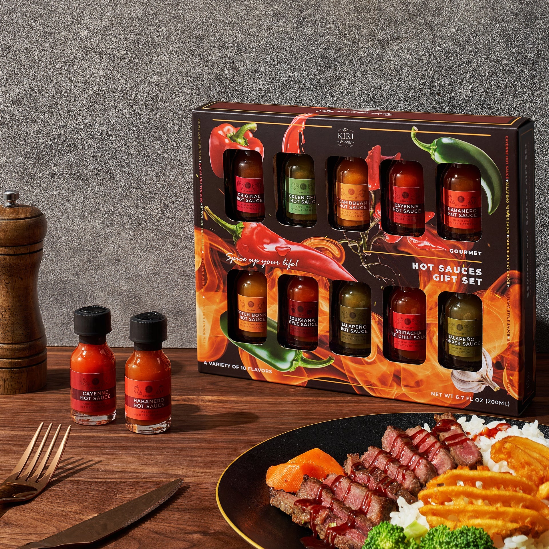 Gourmet Hot Sauce Sampler Gift Set of 10, Flavors Include Habanero, Scotch Bonnet, Jalapeno, Sriracha, Louisiana Style, Cayenne, Red & Green Chili and More, Variety Pack Gifts