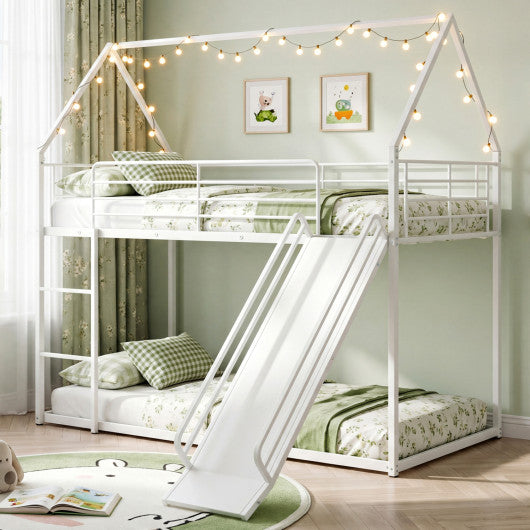 House-shaped Metal Twin Over Twin Low Bunk Bed-White