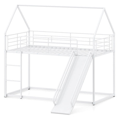 House-shaped Metal Twin Over Twin Low Bunk Bed-White
