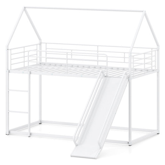 House-shaped Metal Twin Over Twin Low Bunk Bed-White