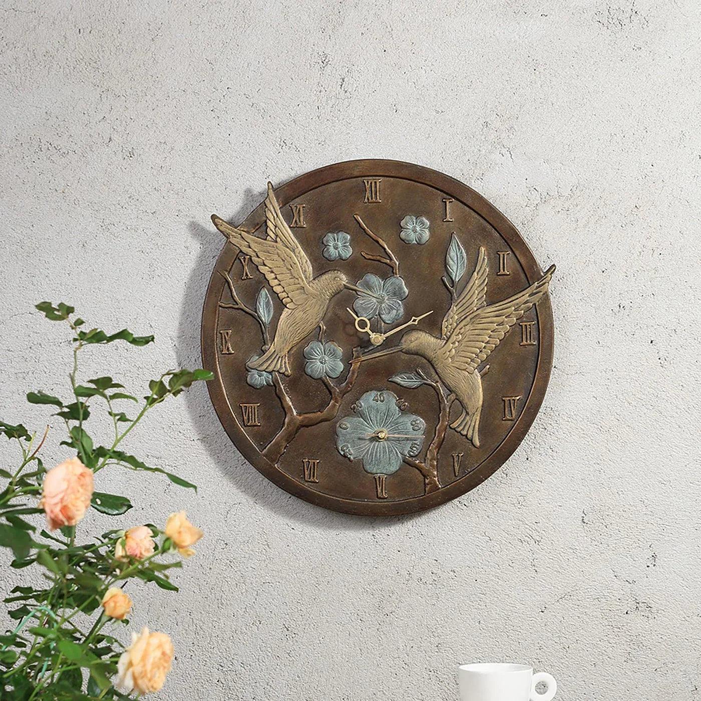 Hummingbird Pair Wall Mounted Garden Clock and Thermometer - Gifts for You 'n Me