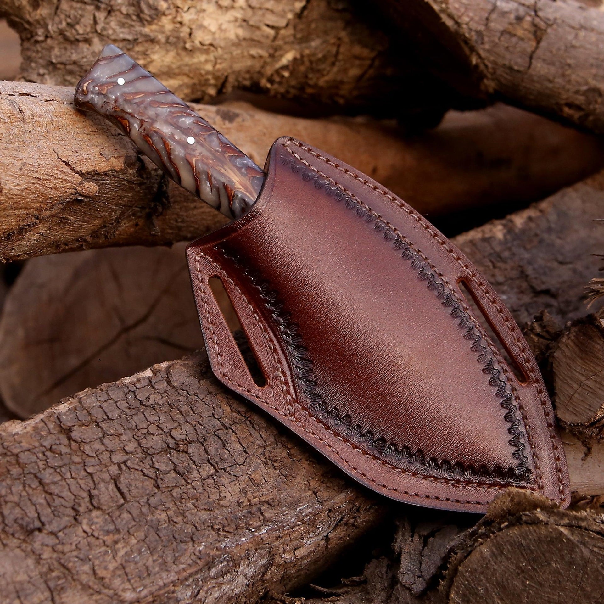 Golden Reaper Damascus Steel Knife with Leather Sheath
