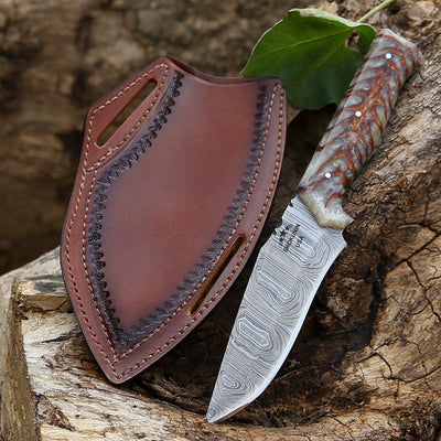 Golden Reaper Damascus Steel Knife with Leather Sheath