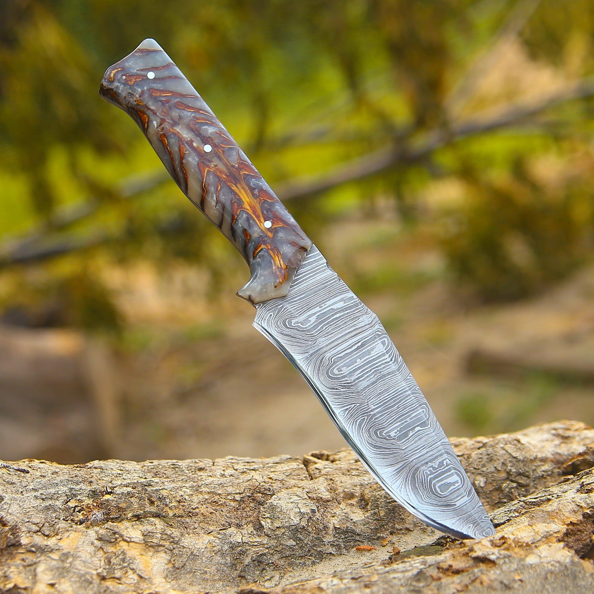 Golden Reaper Damascus Steel Knife with Leather Sheath