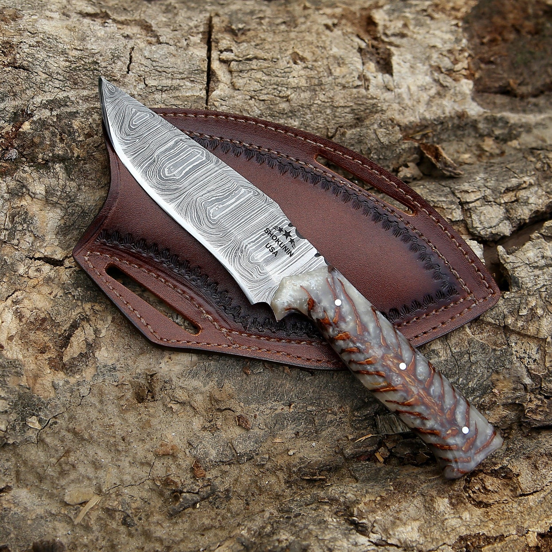 Golden Reaper Damascus Steel Knife with Leather Sheath