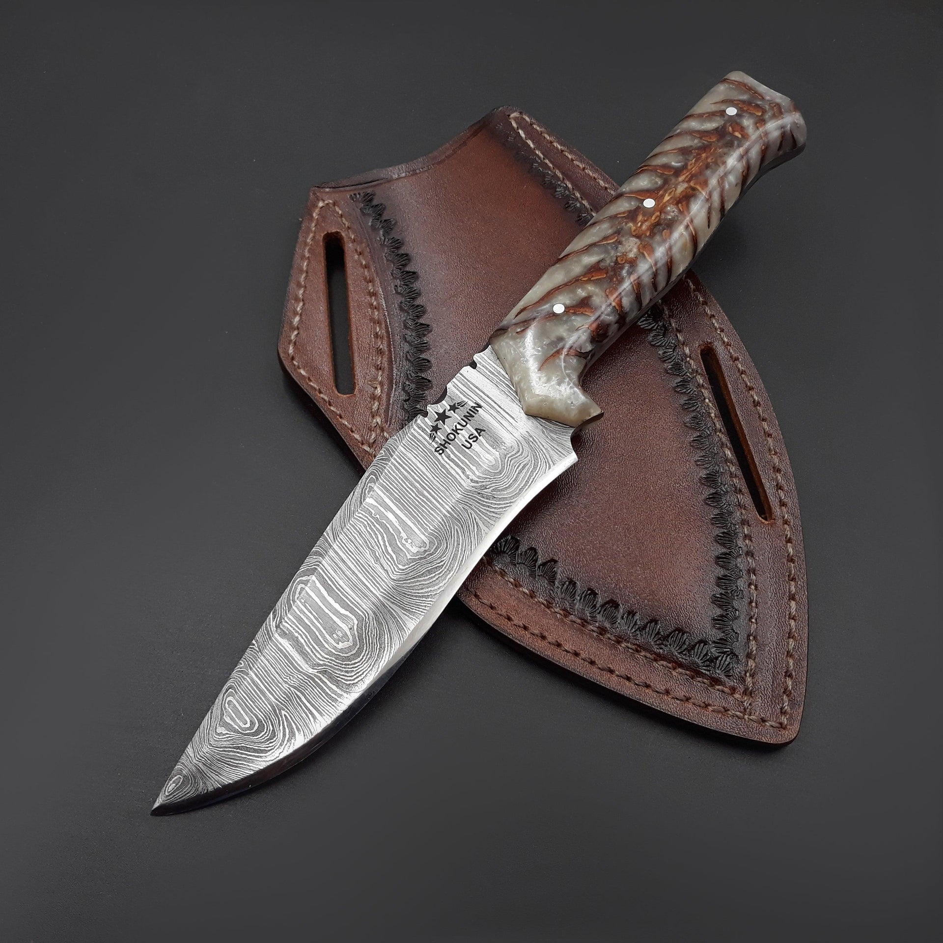 Golden Reaper Damascus Steel Knife with Leather Sheath