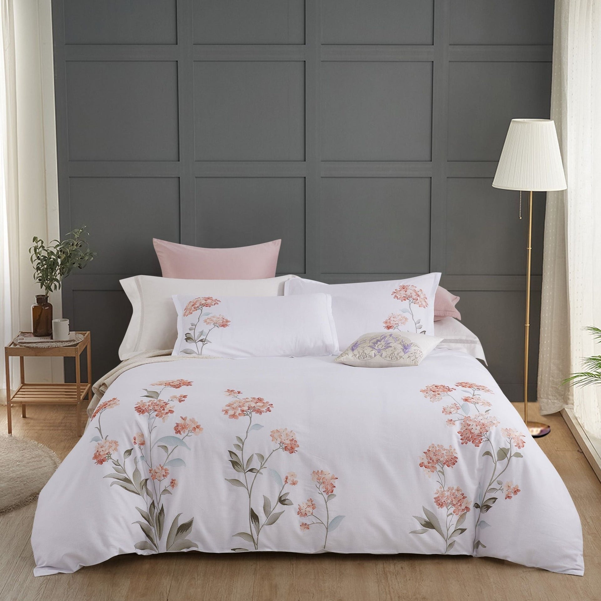 Hydrangea 100% Cotton Embroidered Duvet Cover Set