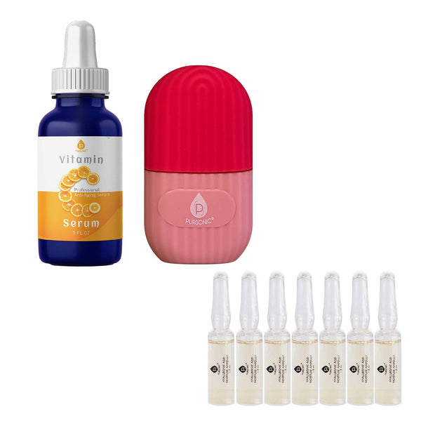 Pursonic Radiant Glow & Refresh Skincare Bundle: Ice Cube Facial Roller Massager + Vitamin C Serum + Hyaluronic Acid Ampoule Set Pursonic