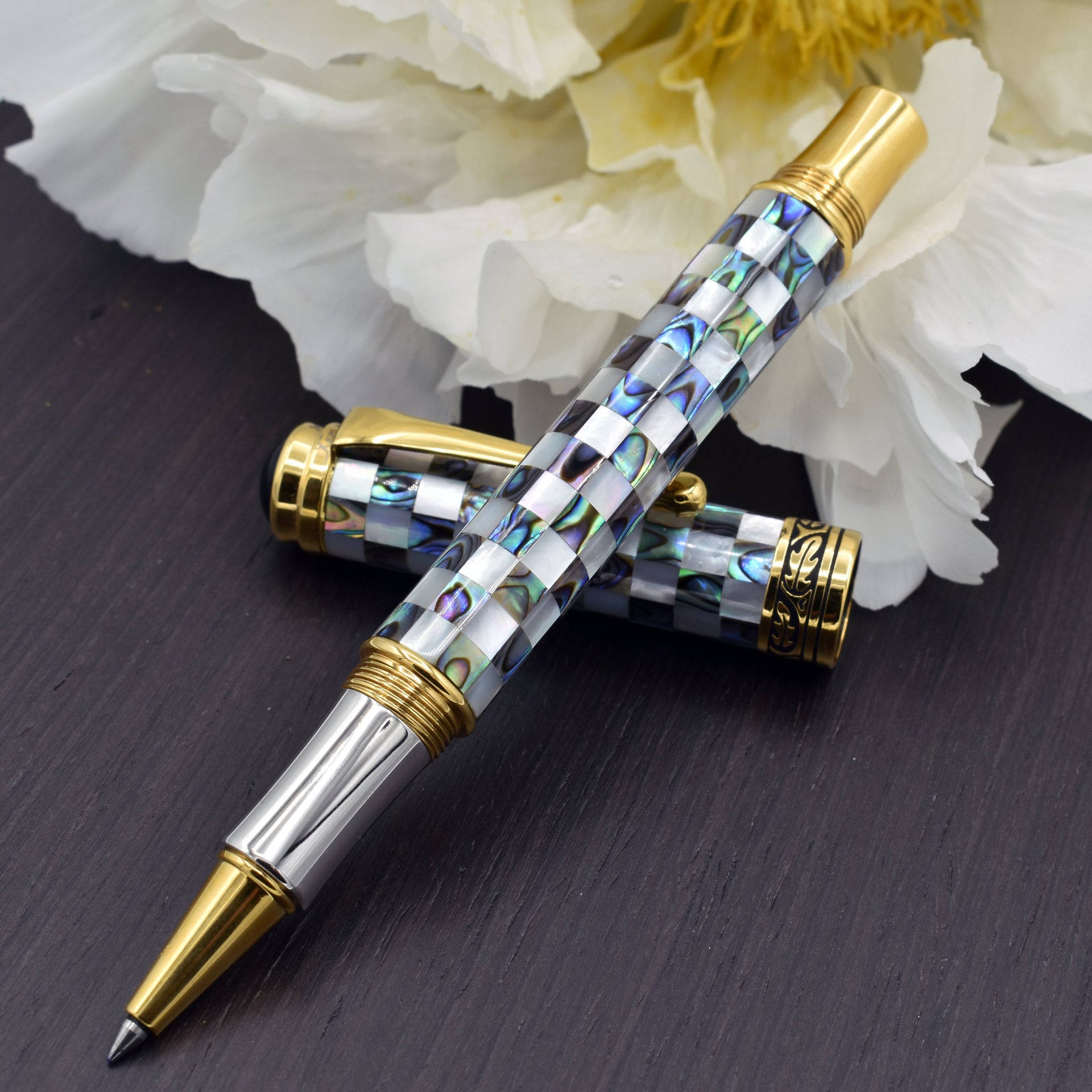 Xezo Maestro® Jubilee Classic of The Ocean Rollerball Pen - Paua Abalone & Oceanic White Mother of Pearl, 18K Gold Plated