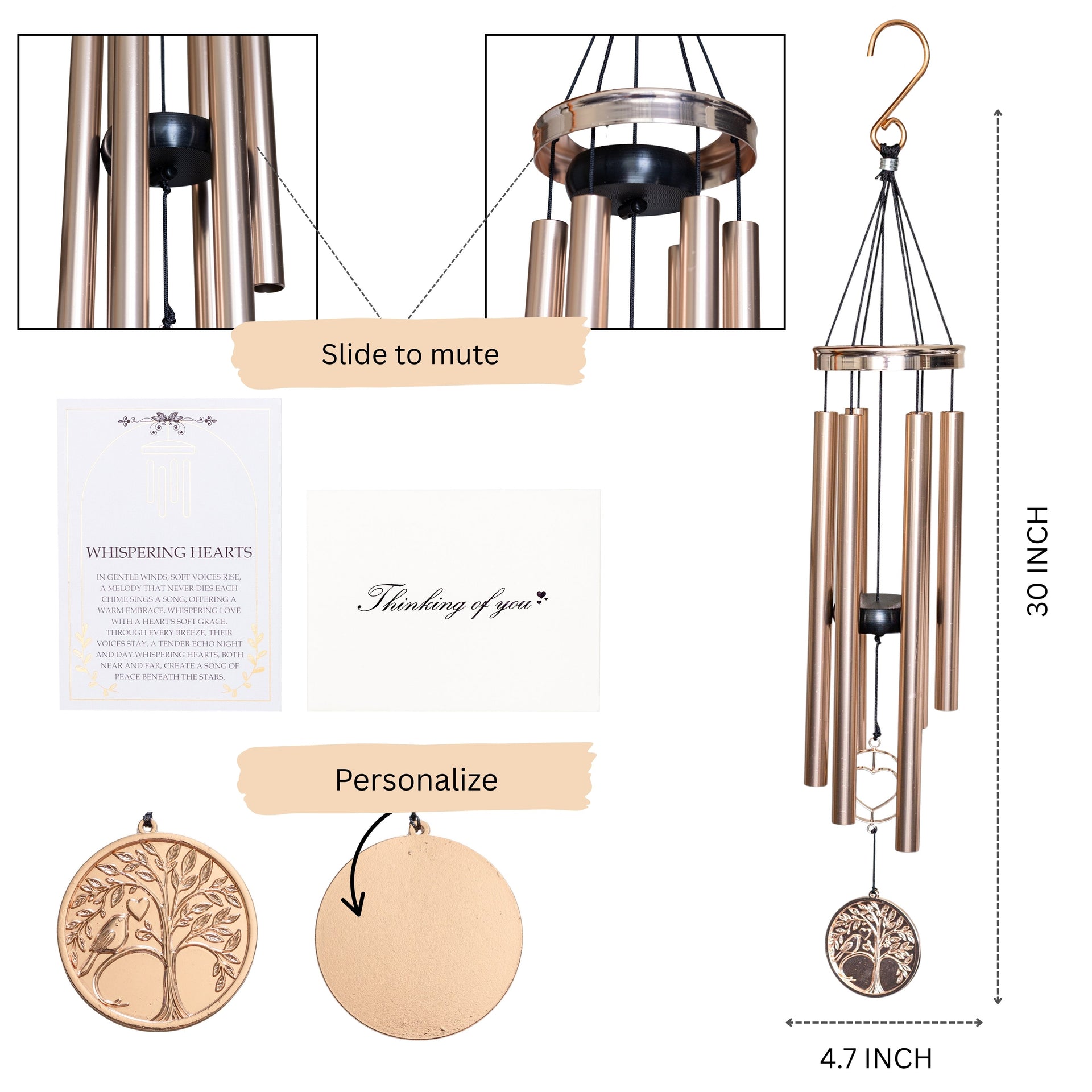 Gift Bundle - Memorial Wind Chime – Whispering Hearts™ Collection – Platinum Rose Personalized 30”