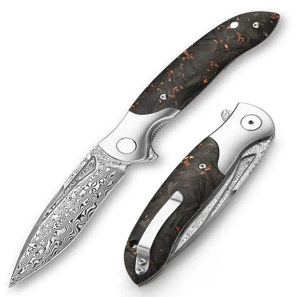 Requiem VG10 Ultralight Damascus Folding Pocket Knife with Titanium & Carbon Fiber Handle - Gifts for You 'n Me
