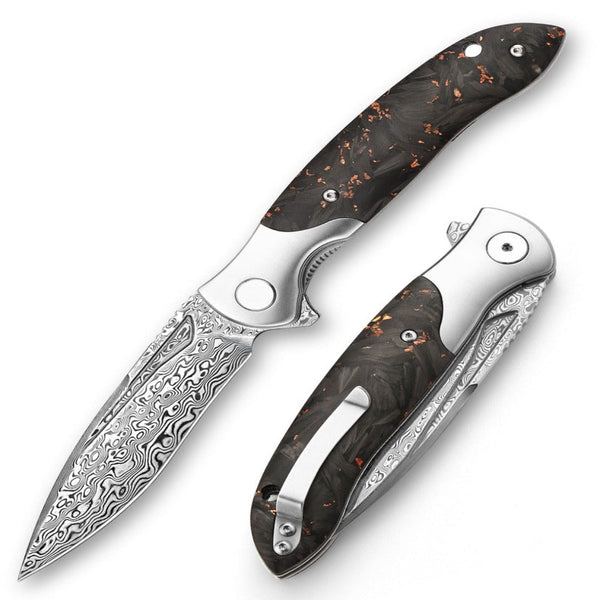 Requiem VG10 Ultralight Damascus Folding Pocket Knife with Titanium & Carbon Fiber Handle