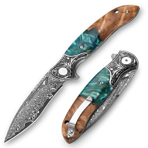 Raven VG10 Damascus Pocket Knife with Olive Burl Wood & Resin Handle