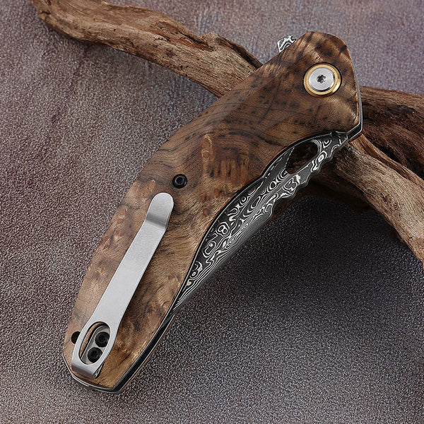 Tomahawk Damascus Pocket Knife with Clip and Exotic Olive Wood Burl Handle