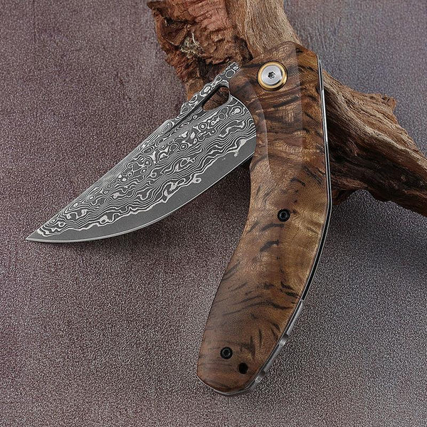 Tomahawk Damascus Pocket Knife with Clip and Exotic Olive Wood Burl Handle - Gifts for You 'n Me