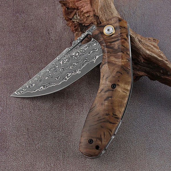 Tomahawk Damascus Pocket Knife with Clip and Exotic Olive Wood Burl Handle