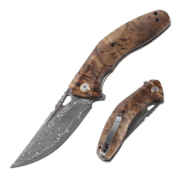 Tomahawk Damascus Pocket Knife with Clip and Exotic Olive Wood Burl Handle