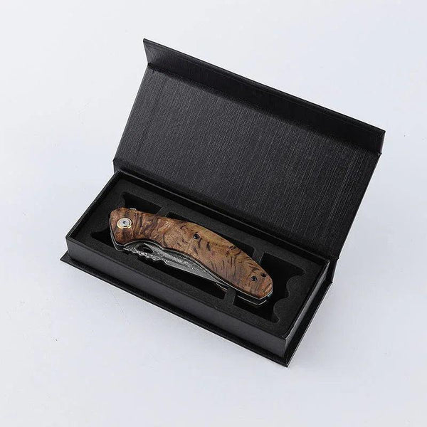 Tomahawk Damascus Pocket Knife with Clip and Exotic Olive Wood Burl Handle - Gifts for You 'n Me