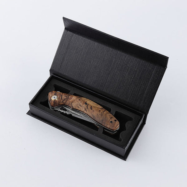 Tomahawk Damascus Pocket Knife with Clip and Exotic Olive Wood Burl Handle