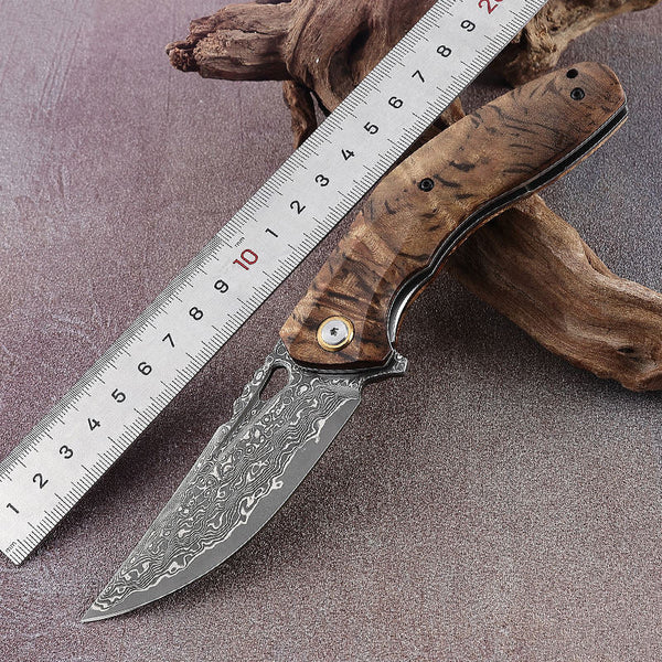 Tomahawk Damascus Pocket Knife with Clip and Exotic Olive Wood Burl Handle