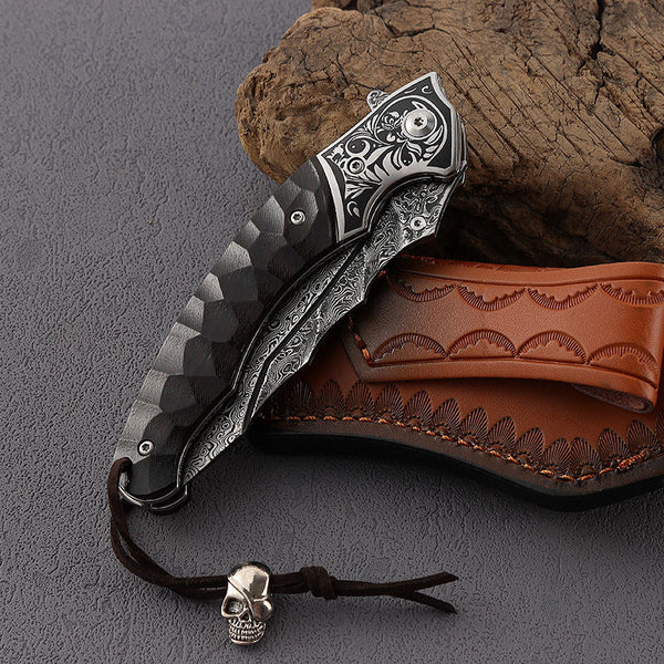Valiant Damascus Steel Tanto Pocket Knife with Obsidian Micarta Handle