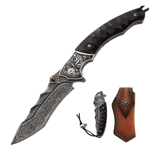 Valiant Damascus Steel Tanto Pocket Knife with Obsidian Micarta Handle