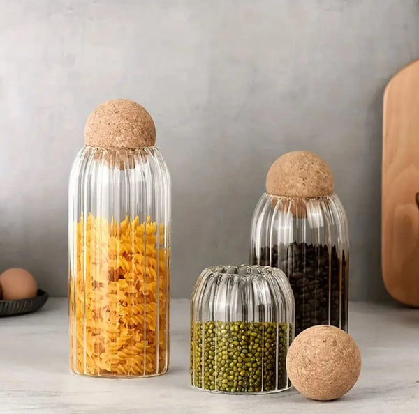 Ribbed Glass Jar with Round Ball Cork (17oz, 24oz, 41oz)