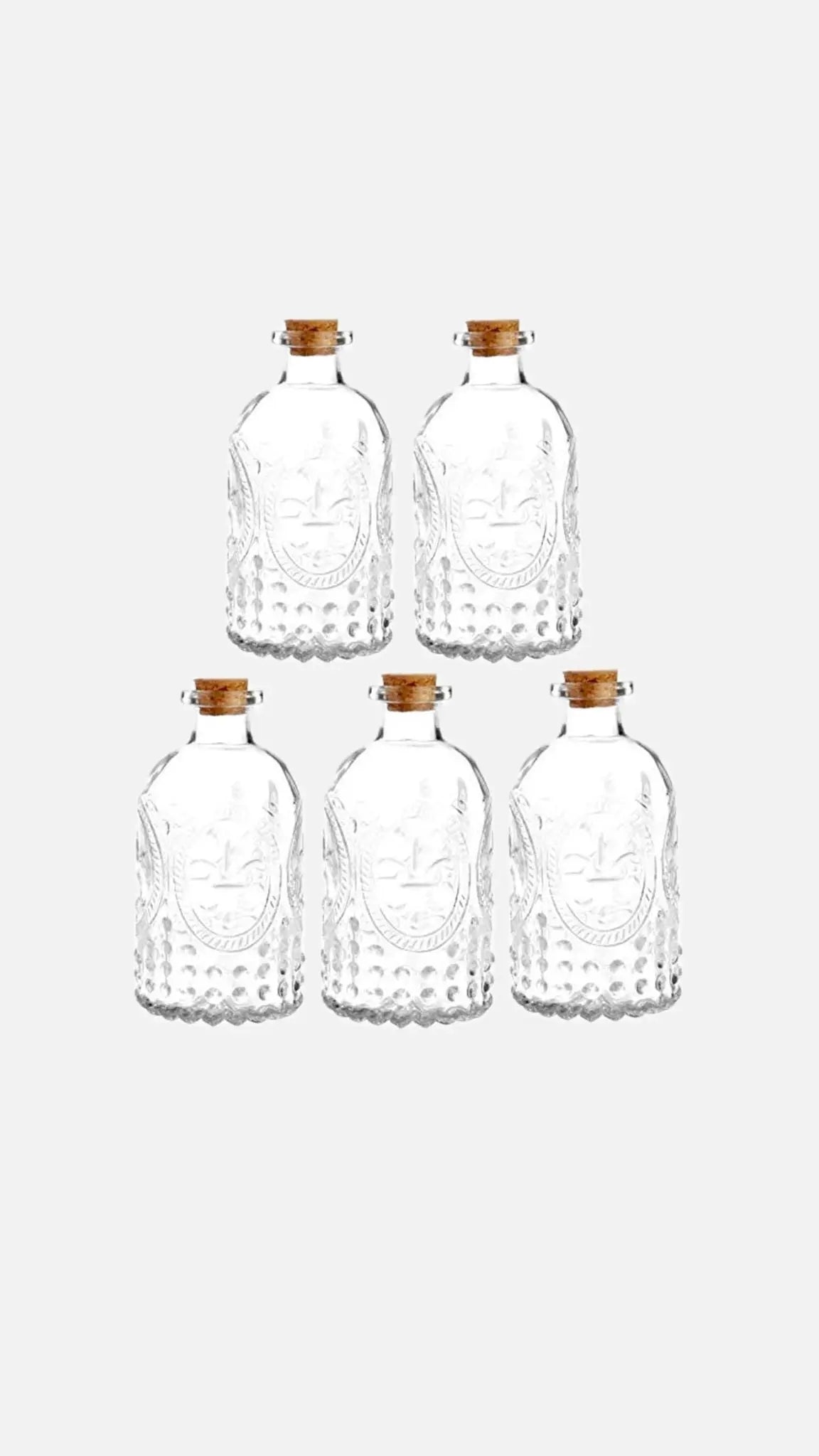 Glass Embossed Bottles with Cork Lids - Set of 5