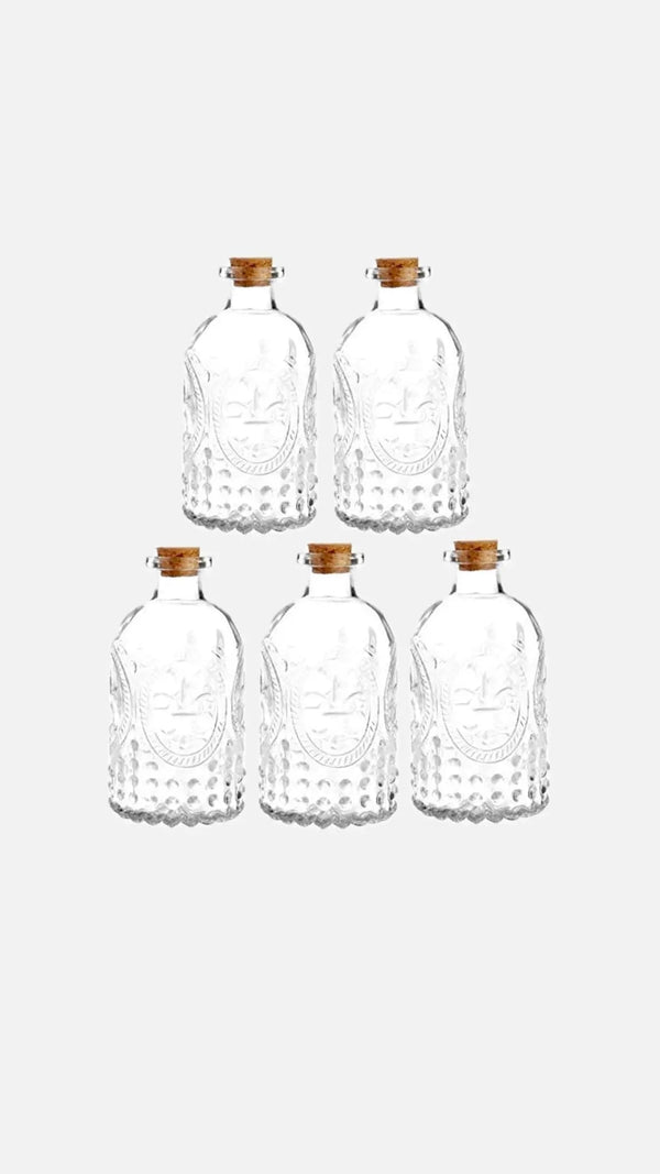 Glass Embossed Bottles with Cork Lids - Set of 5