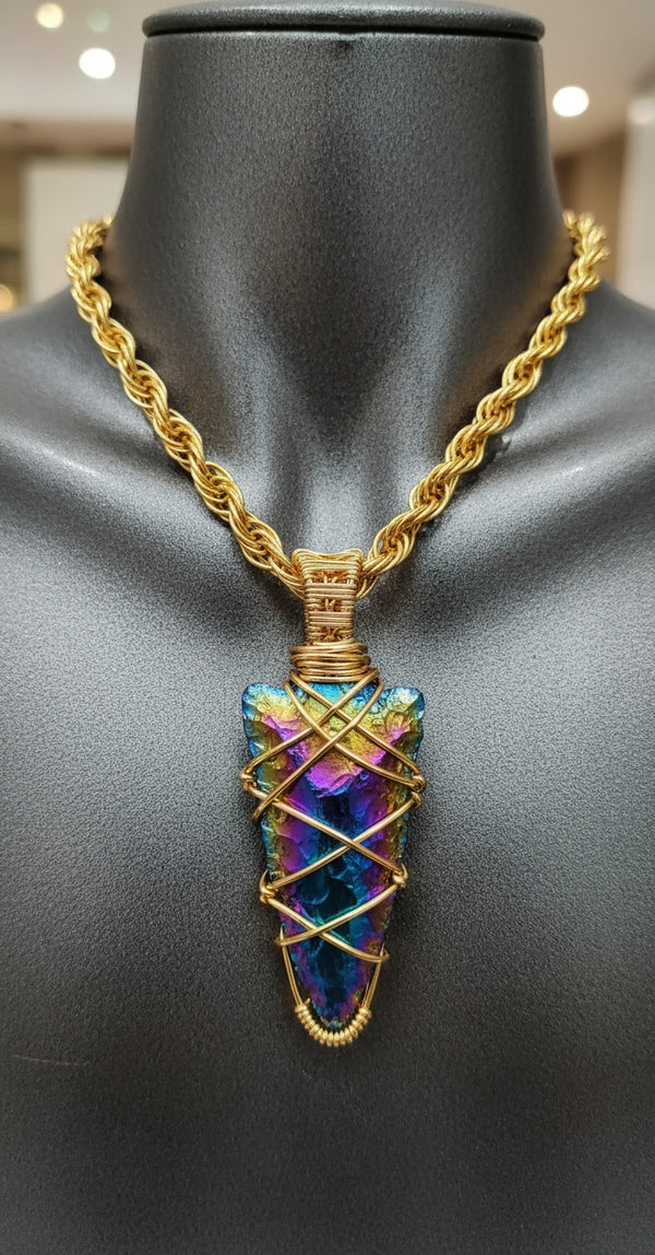 Chunky non Tarnishing Gold Plated Wire Wrapped Titanium Arrowhead Necklace