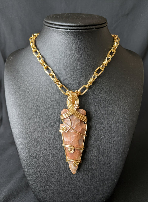 14 K gold plated, non-tarnishing wire wrapped jasper arrowhead necklace with custom chain