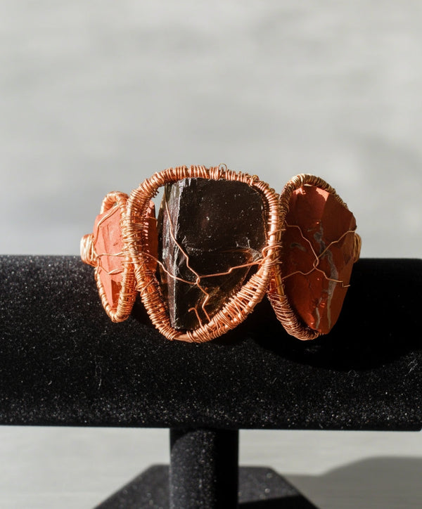 Black Obsidian and Red Jasper Chunky Raw Crystal Bracelet