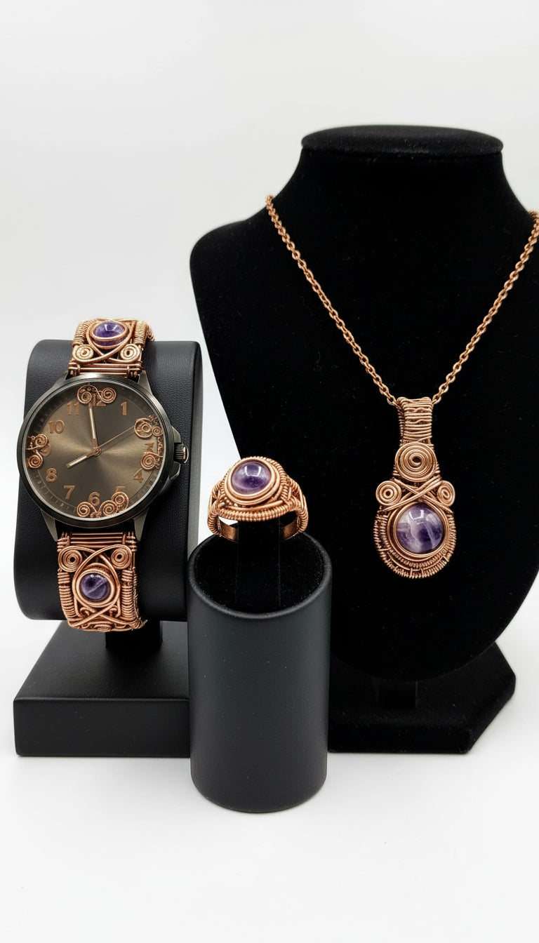 Custom Copper Wire Wrapped Amethyst Set #6