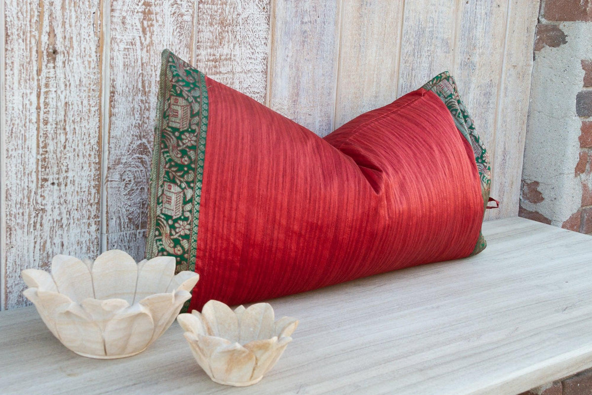 Red Large Festive Indian Silk Queen Lumbar Pillow Cover