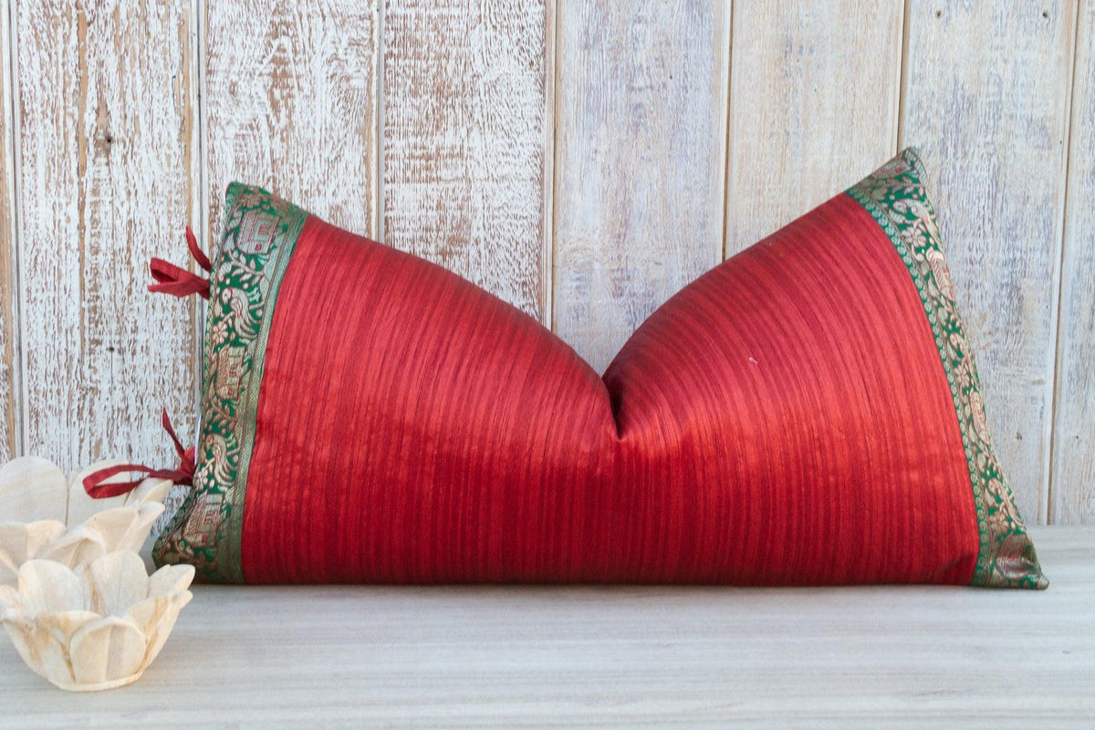 Red Large Festive Indian Silk Queen Lumbar Pillow Cover