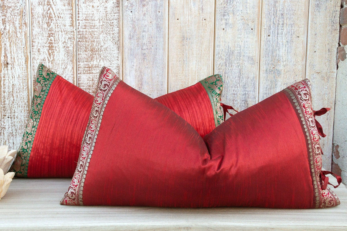 Red Large Festive Indian Silk Queen Lumbar Pillow Cover