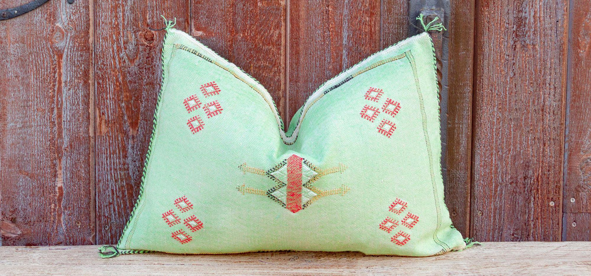 Green Lumbar Moroccan Silk Rug Pillow