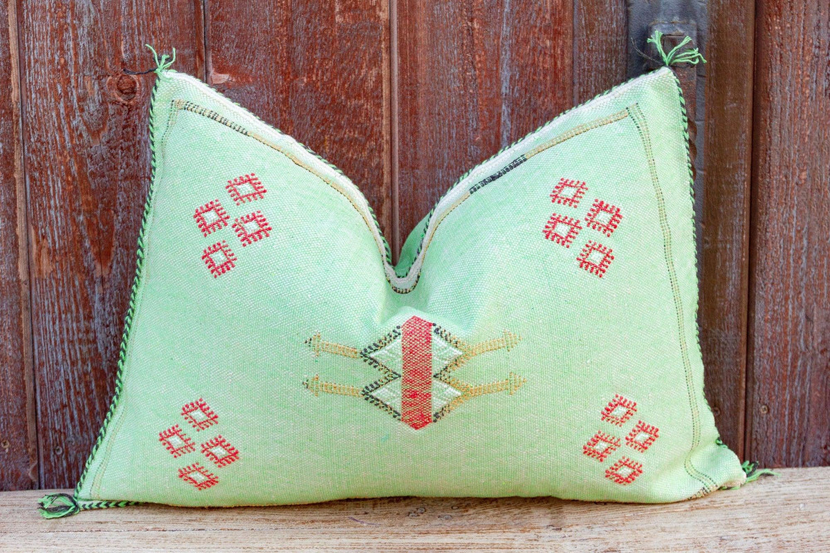 Green Lumbar Moroccan Silk Rug Pillow