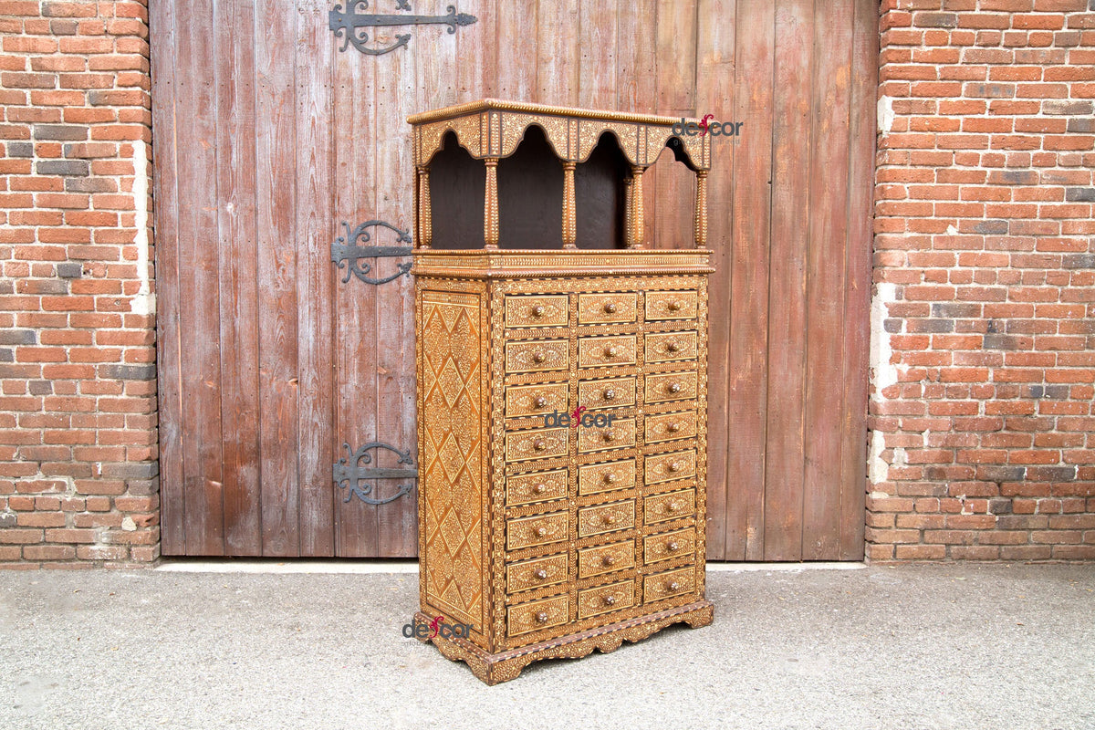Tall Inlaid Apothecary Arch Dresser