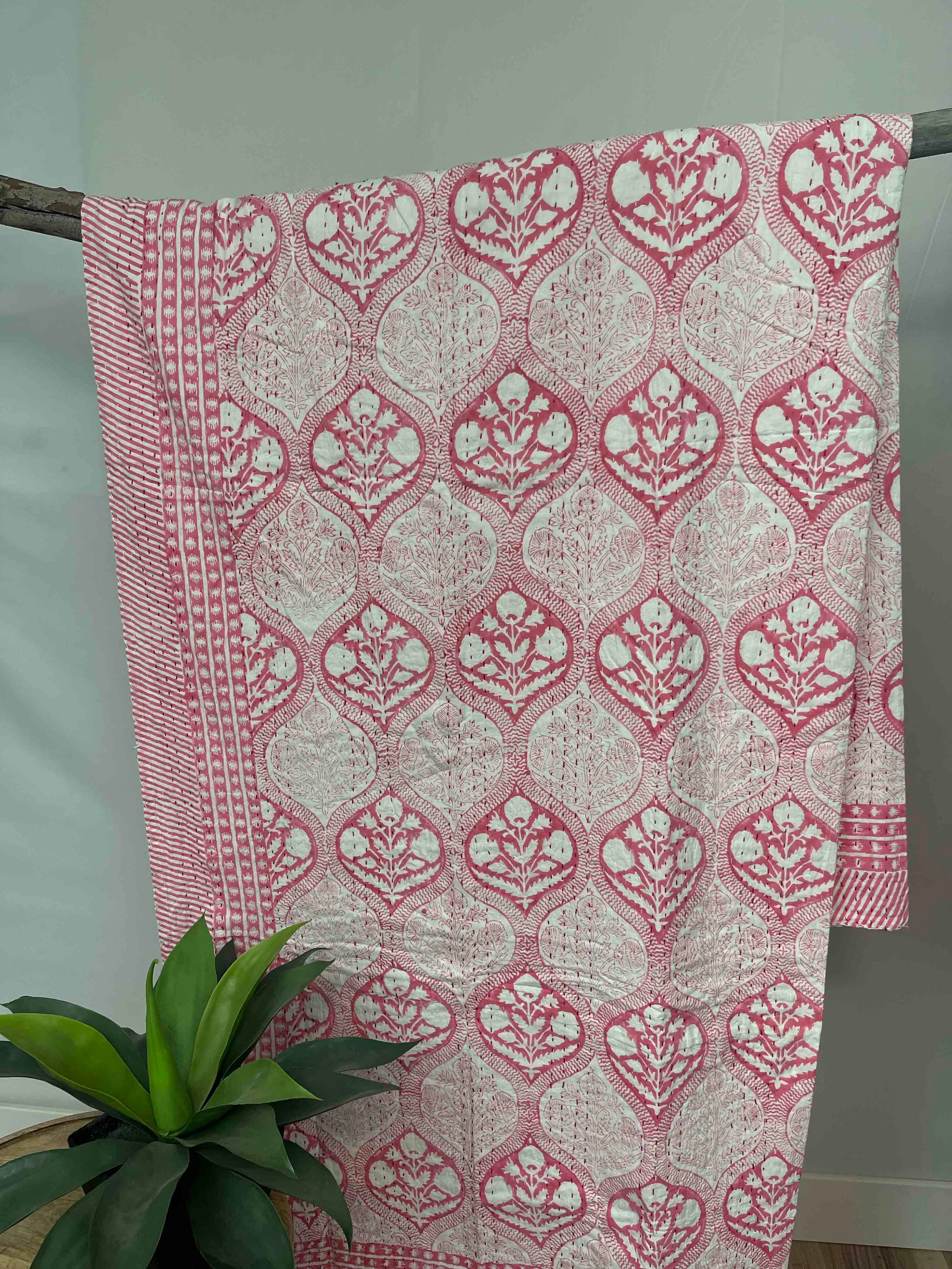 Antique Pink Block Print Cotton Kantha Quilt (Events)