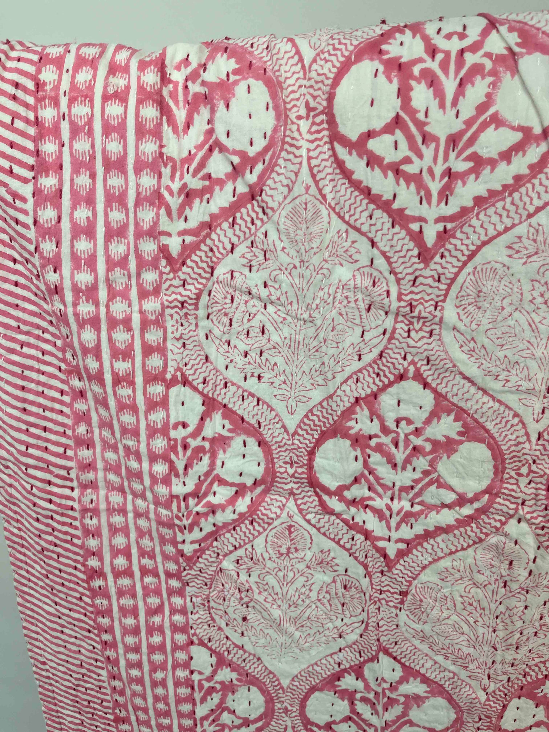 Heirloom Blush Block Print Cotton Kantha Quilt